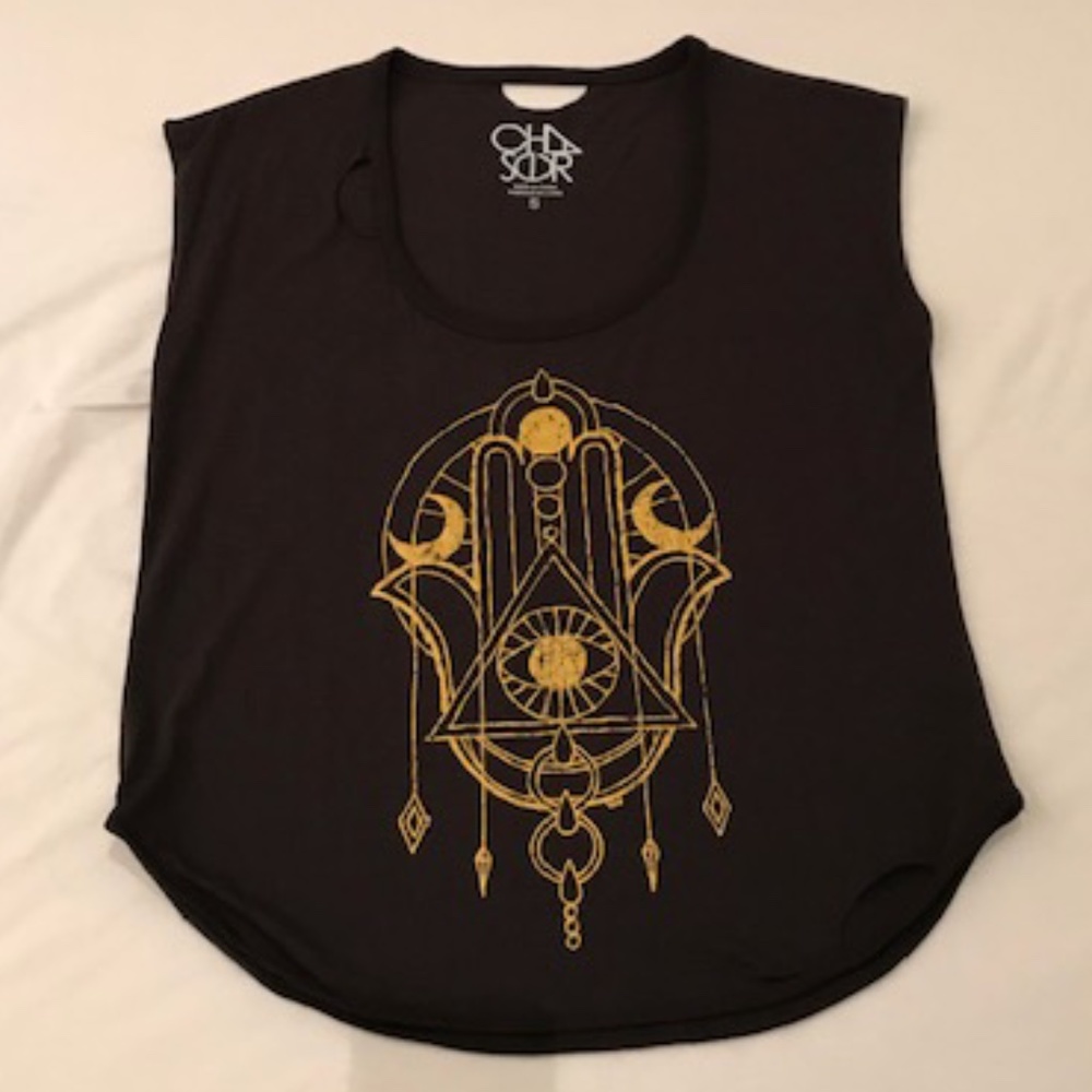 NEW CHASER Golden Eye Hamsa Distressed Tee S